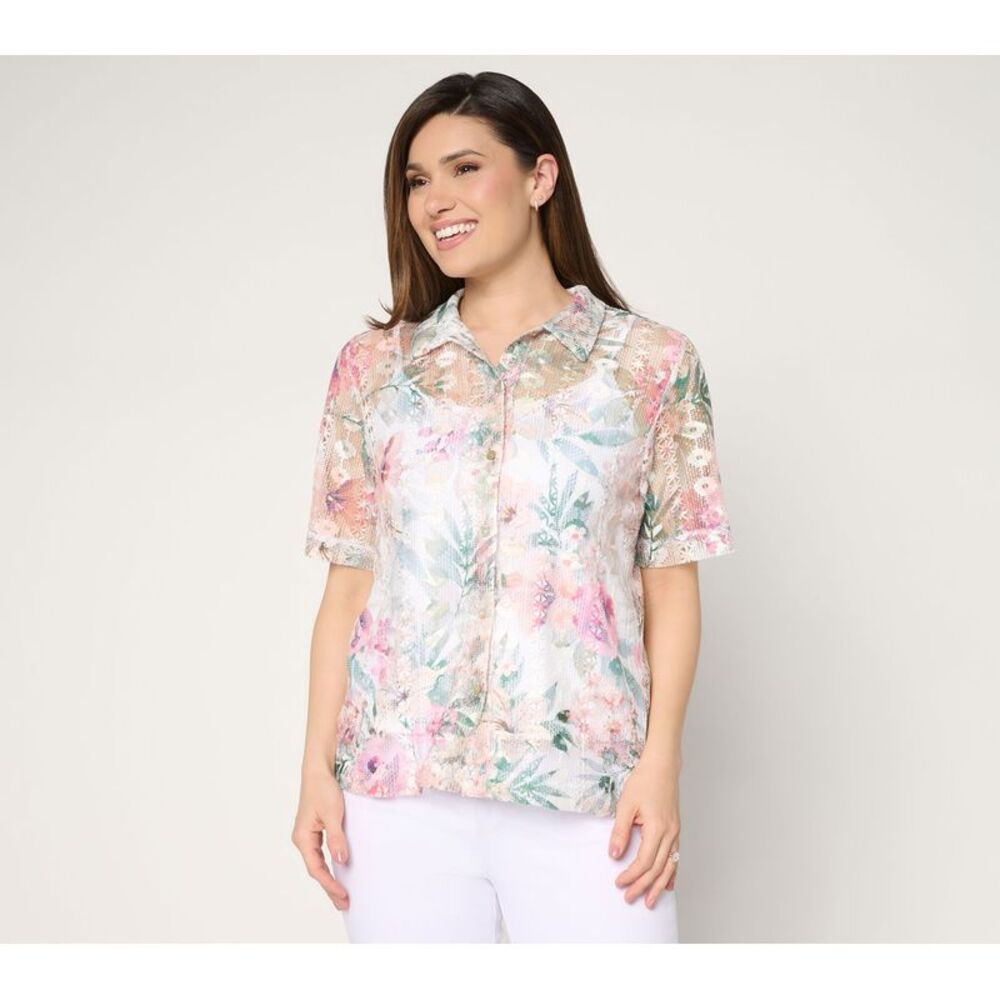 Susan Graver Women's Top Sz M Make Your Selection: Printed Lace Pink A745173